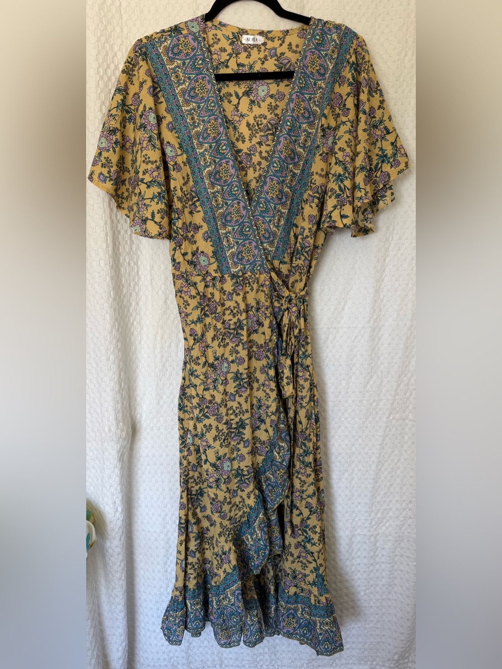 Aura Boho Floral Wrap Midi Dress Yellow Paisley Border Rayon Size L - Picture 2 of 8